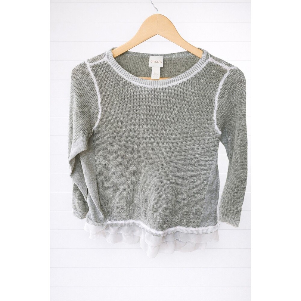 Chico's Knit Pullover 3/4 Sleeve Sweat Gray Olive Woven Hem 1(Small)